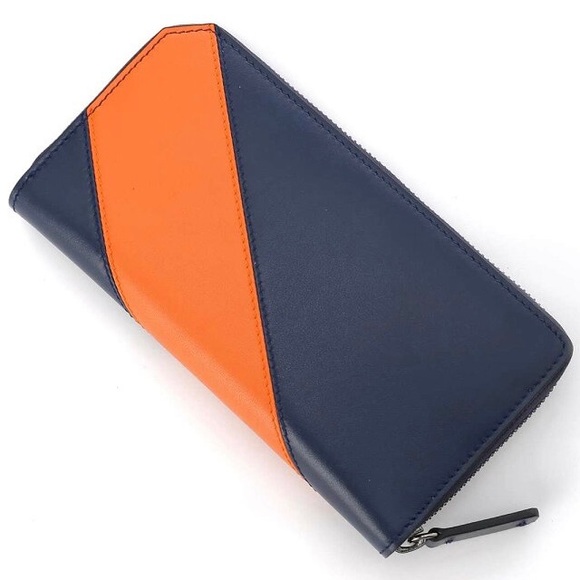 Like New Unisex Jimmy Choo Zip-around Leather Continental Wallet In Navy/Orange - Picture 2 of 14